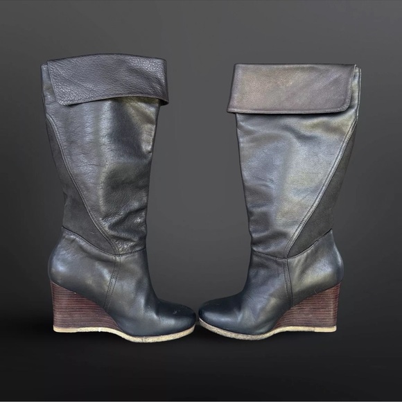 Ugg RAVENNA Black Tall Wedge Fall Winter Leather Cuffed Knee Boot - Size 8.5 - Picture 5 of 10